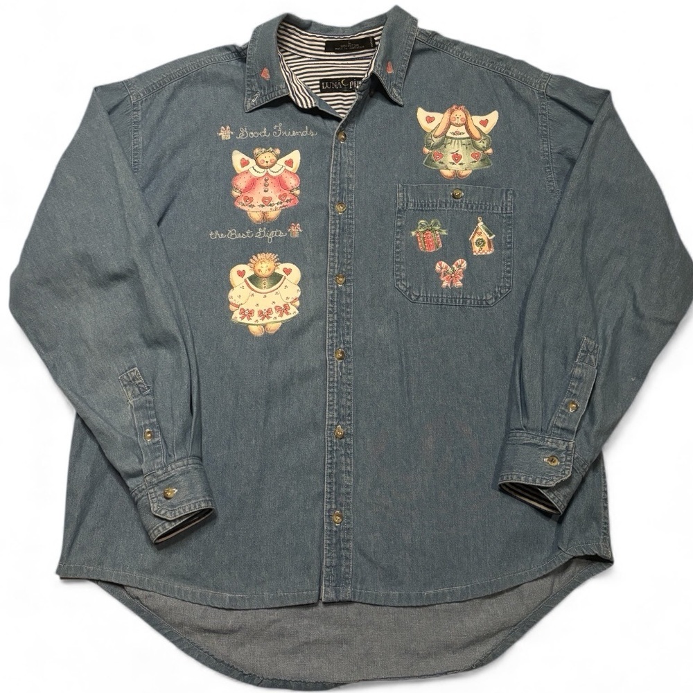 Luna Pier Vintage Angel Denim Shirt L Embroidered Christmas Button Down